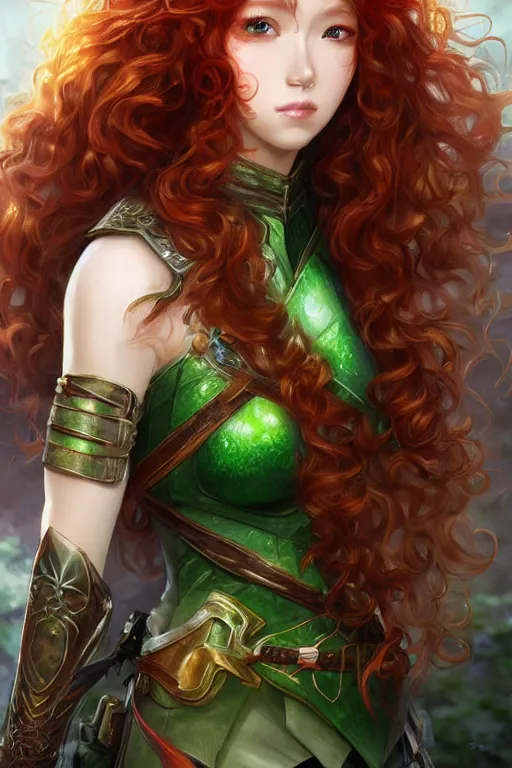 Image similar to A realistic anime portrait of long curly haired redhead female ranger wearing an intricate fantasy ranger outfit, asian facial features, green eyes, digital painting, by Stanley Artgerm Lau, Sakimichan, WLOP and Rossdraws, digtial painting, trending on ArtStation, SFW version