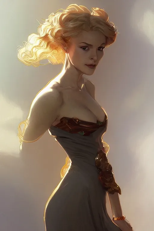 Image similar to a girl wearing a golden dress, grey hair, red necktie, cinematic, stunning, highly detailed, digital painting, artstation, smooth, hard focus, full body shot, illustration, art by artgerm and greg rutkowski and alphonse mucha