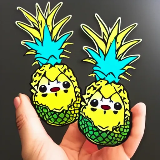 Prompt: die cut sticker of anime chibi two smiling pineapples