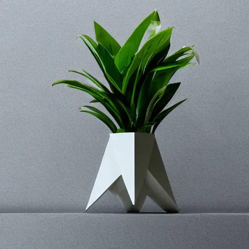 Image similar to pot plant spatifillum levitating over wooden plank white geometric angular pot beautiful fororealistic art featured on artstation