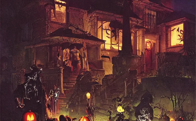 Image similar to halloween scene in a suburban neighborhood, surrounded by ancient monoliths with glowing runes. highly detailed science fiction painting by norman rockwell, frank frazetta, and syd mead. rich colors, high contrast, gloomy atmosphere, dark background. trending on artstation