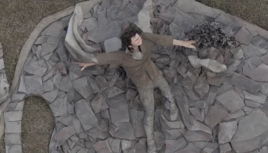 Image similar to tribute sculpture of elijah wood as frodo, cnn news footage taken from above.