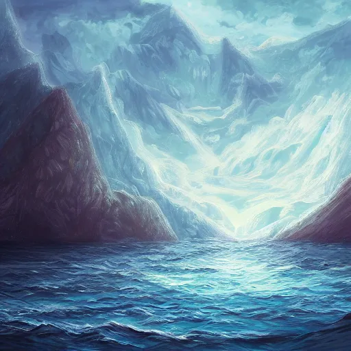 Image similar to Realm between the mountains and the sea, fantasy, digital painting, extra detailed