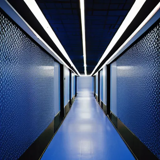 Image similar to underground lab hallway, dark blue and black, unknown location, clean, dry wall, shiny black tile floors, cinematic