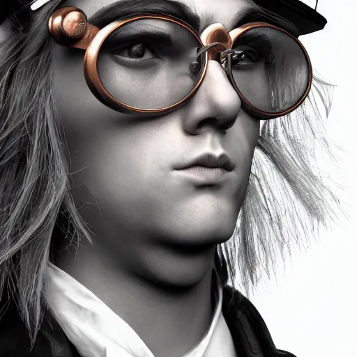 Prompt: a highly detailed portrait of a young man with yellow hair, copper steampunk glasses pushed to the forehead, victorian style black and white costume, steampunk, artstation, deviantart, professional, octane render