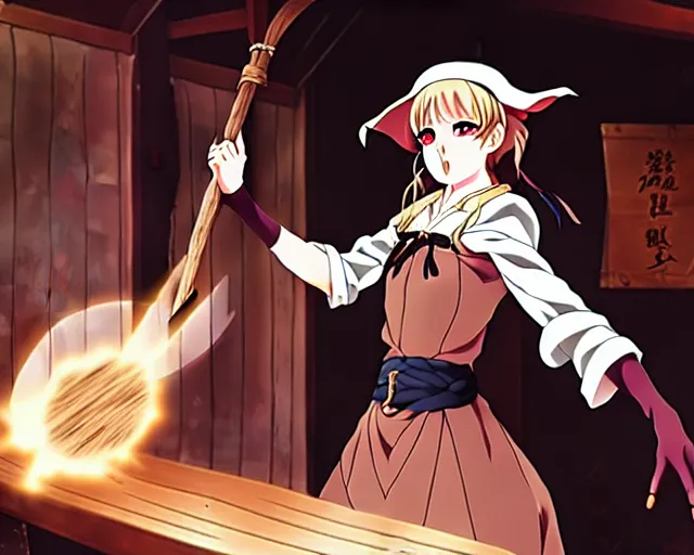 Image similar to key anime visual portrait of a young female witch in a tavern interior defending a companion, dynamic pose, dynamic perspective, cinematic, dramatic lighting.