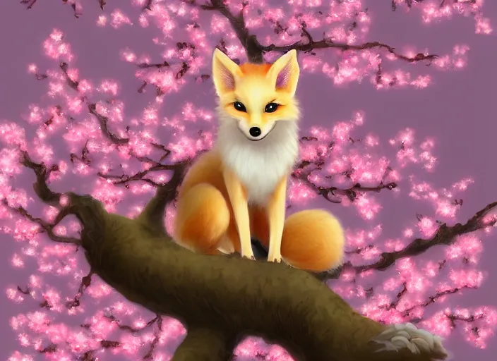 Prompt: cute little kitsune in a cherry blossom tree. trending on artstation.