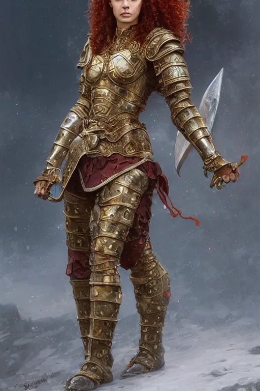 Prompt: full body portrait of a rugged female warrior short length red curly hair and a very highly detailed face wearing elegant obsidian, sliver and gold plate mail armor intricately painted, holding an ancient two hand great sword, very highly detailed, artstation, cgsociety, realistic character concept art, sharp focus, by greg rutkowski, artgerm, and alphonse mucha