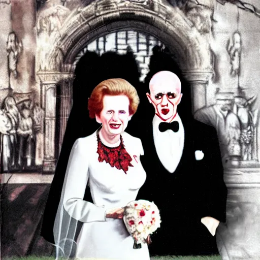 Prompt: margaret thatcher marriage to the devil semirealistic, macabre, wedding