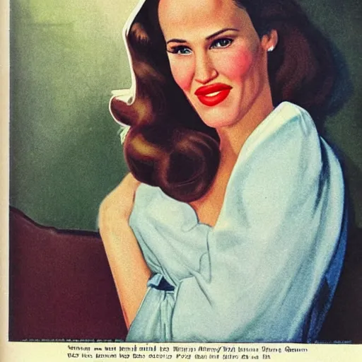 Prompt: “Jennifer Garner portrait, color vintage magazine illustration 1950”