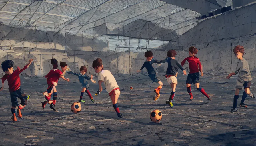 Prompt: five kids playing soccer in destroyed rfk memorial stadium, sunny day, hyperdetailed, artstation, cgsociety, 8 k