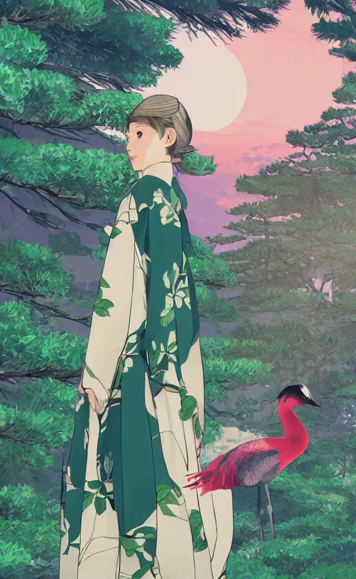 Image similar to gta5, girl next to a japanese crane bird in japanese pines, trading card front, kimono, realistic anatomy, concept art, by studio ghibli, anime style, sun in the background