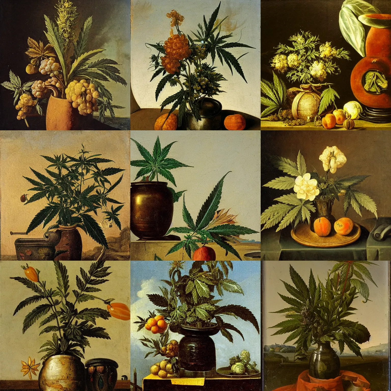 Prompt: Dutch still life from the 1600s, old oil painting: Cannabis plant in vase, Cannabis leafs