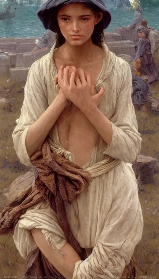 Image similar to epic masterpiece young emanuelle beart as peasant, sweaty skin, hyperrealistic, octane render, cinematic, beautiful face and flawless skin, perfect hands, 5 fingers, by edgar maxence and ross tran and michael whelan, legends of runeterra