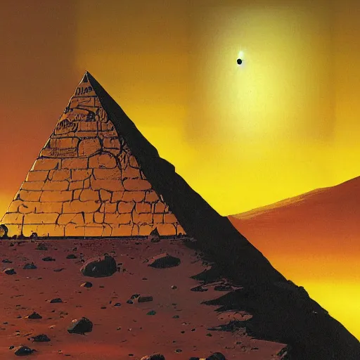 Prompt: a black pyramid landing on Venus, painted by Larry Elmore