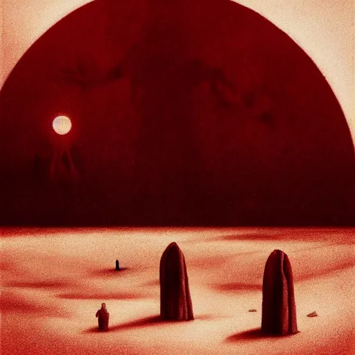 Prompt: Satanic church on a desert, red moon, by Dariusz Zawadzki and zdzisaw beksinski, imax film quality, trending on Artstation