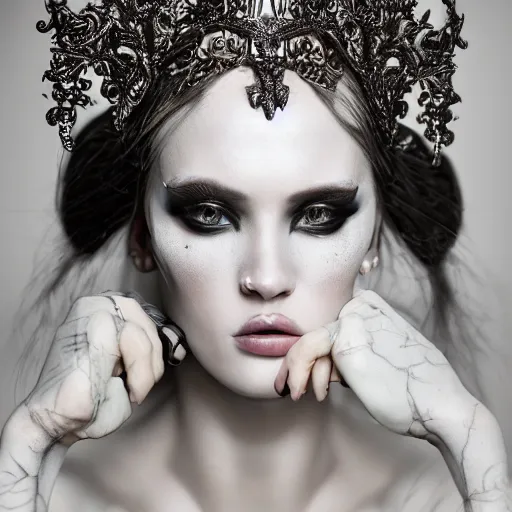 Image similar to a portrait of female model by stefan geselle and nekro borja, photorealistic, intricate details, hyper realistic, dark fantasy, ornate headpiece, dark beauty, photorealistic, canon r 3, photography, wide shot, glamour pose, surrealism