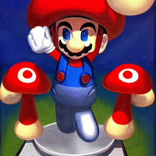 Image similar to art deco painting of mario standing on top of red and white mushroom