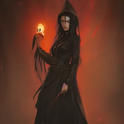 Image similar to female human vampire witch in the style of greg rutkowski, makoto shinkai, trending on artstation, character design, concept art, pretty face, highly detailed, long black hair, portrait, digital art