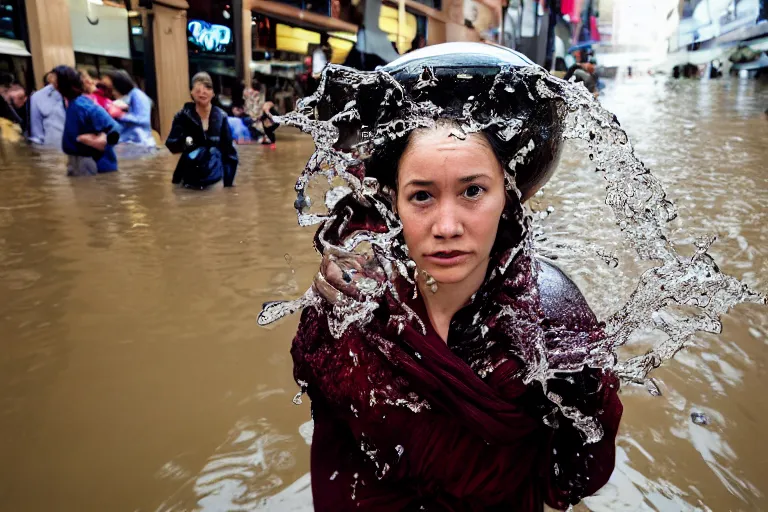 Image similar to closeup portrait of a woman carrying bottles of wine over her head in a flood in Rundle Mall in Adelaide in South Australia, photograph, natural light, sharp, detailed face, magazine, press, photo, Steve McCurry, David Lazar, Canon, Nikon, focus