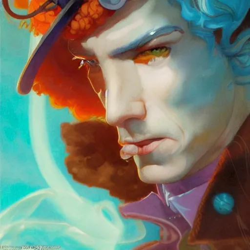 Prompt: beautiful fantasy character portrait of a hero in the 1 9 2 0 s, wearing 1 9 2 0 s cloth hair, coloured in teal and orange, muted colours, by peter mohrbacher, hajime sorayama, wayne barlowe, boris vallejo, aaron horkey, gaston bussiere, craig mullins