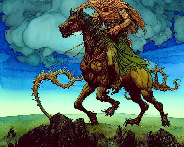 Prompt: a realistic and atmospheric watercolour fantasy character concept art portrait of a 4 0 ft. tall four legged lovecraftian monster stalking the moors of ireland at night. by rebecca guay, michael kaluta, charles vess and jean moebius giraud