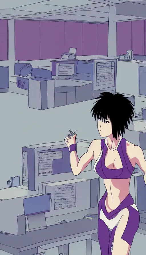 Image similar to mokoto kusanagi from ghost in the shell running in a government office, digital hand drawing and coloring, simple anime style