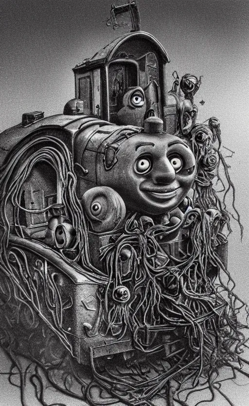 Image similar to thomas the tank engine in style of zdzisław beksinski, extremely dramatic lighting, 8 k, tendrils, black, darkness, black slime tendrils, infected, rust, body horror, thomas the train, thomas the tank engine face, horror,