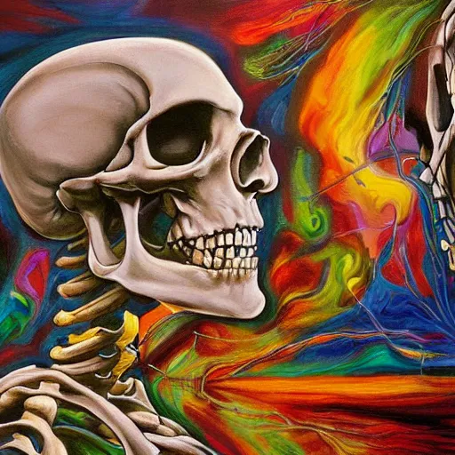 Prompt: painting of human brain meeting a human skeleton in moscow, futuristic, high detail, vivid colors