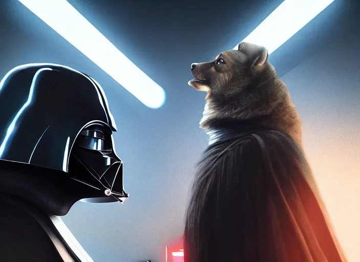 Image similar to a Photorealistic dramatic hyperrealistic render of darth vader facing off against a cute corgi, futuristic star wars vibe, by WLOP and Artgerm and Greg Rutkowski and Alphonse Mucha, Beautiful dynamic dramatic dark moody lighting, shadows, cinematic atmosphere, Artstation, concept design art, Octane render, 8K, masterpiece, sharp focus