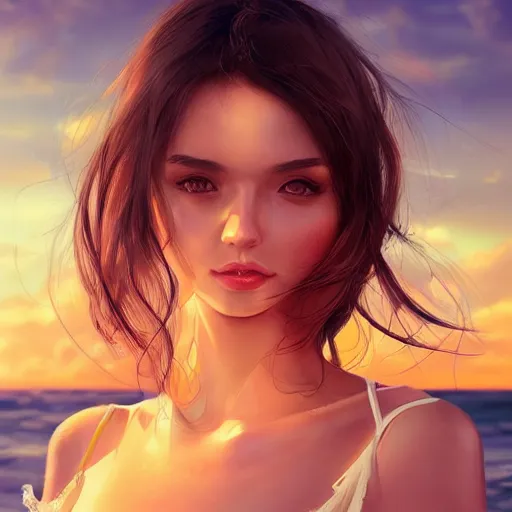 Prompt: portrait of beautiful woman on the beach, brown eyes, sunset, highly detailed, bokeh, trending on art station, digital painting by wlop, rossdraws, artgerm.