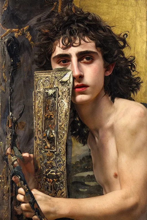 Image similar to timothee chalamet as a bandit king, god of the forge by edgar maxence and caravaggio and michael whelan and delacroix