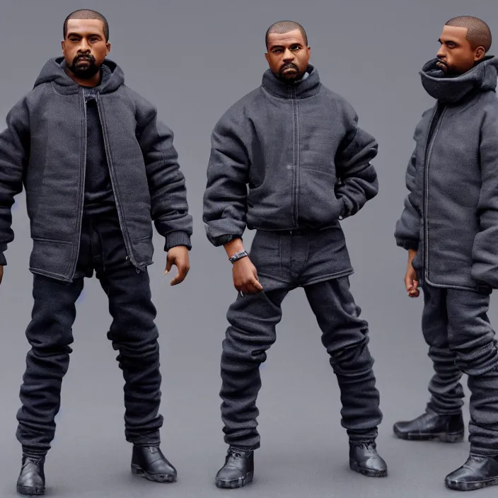 Prompt: a hot toys figure of kanye west using full face - covering cloth. a small, tight, undersized reflective bright blue round puffer jacket made of nylon. a black shirt underneath. dark jeans pants. a pair of big black rubber boots, figurine, detailed product photo