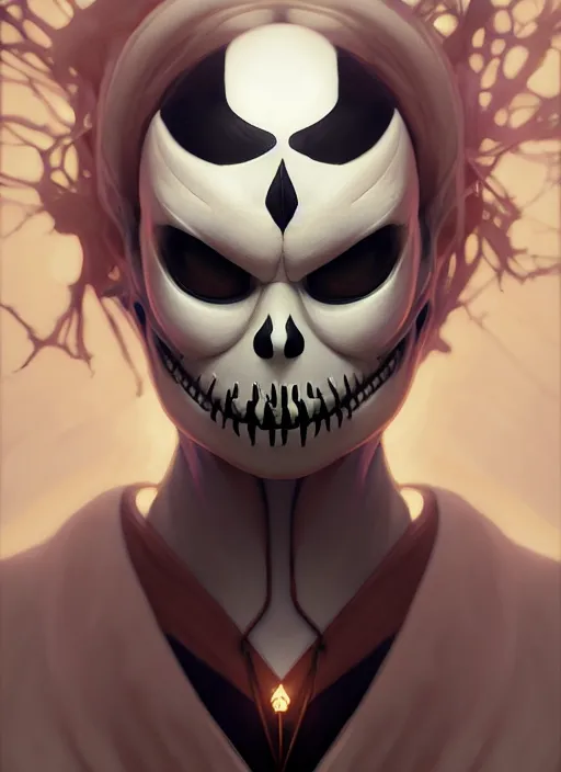 Image similar to symmetry, concept art by artgerm, distance portrait of a hyper realistic, frowning, sad jack skellington by greg rutkowski, alphonse mucha, octane render, highly detailed, high quality, 8 k, soft lighting, path traced, and uang guangjian and gil elvgren, symmetry!!