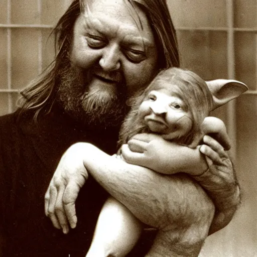 Image similar to robert wyatt cradling a goblin like a baby, photograph