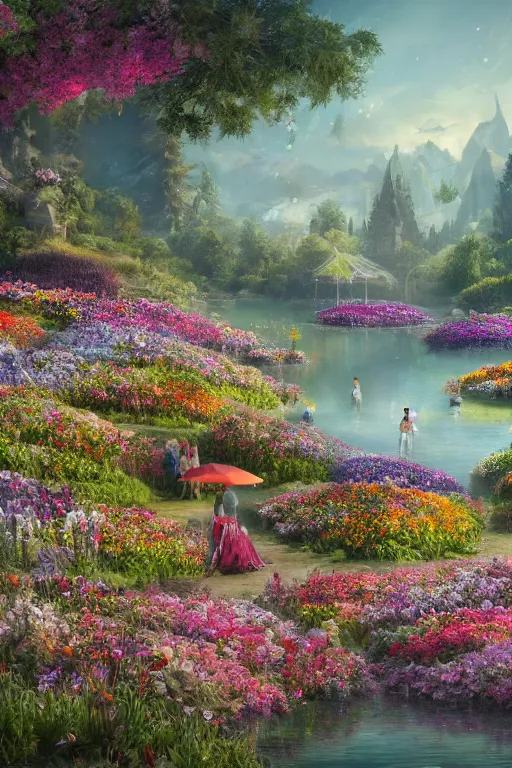 Image similar to a florist arranging a festival on a lake of flowers by dominik mayer and scott fischer, digital art, highly detailed, wide shot, intricate, fantasy, mystical, sharp focus, Trending on Artstation HQ, deviantart, unreal engine 5, 4K UHD image