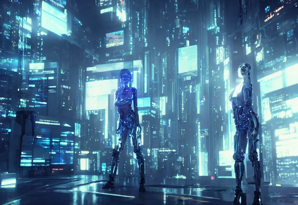 Prompt: shot of film by cyberpunk syle, human like a cyborg hyperrealistic full figure with realistic body in detailed data center, character design, futuristic, gradient, hyper realistic, ray tracing, realistic character, sharp focus, long shot, 8 k resolution, cinematic, by yoichi hatakenaka, by masamune shirow, by josan gonzales, octane render