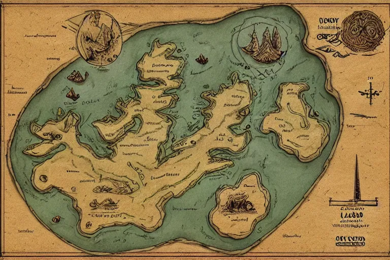 Prompt: imaginary map of an island, drawing of different elements in the lands, different realms, blueprint, infographic, on paper, natural colors, vintage, with notes, highly detailed, trending on artstation, fantasy art