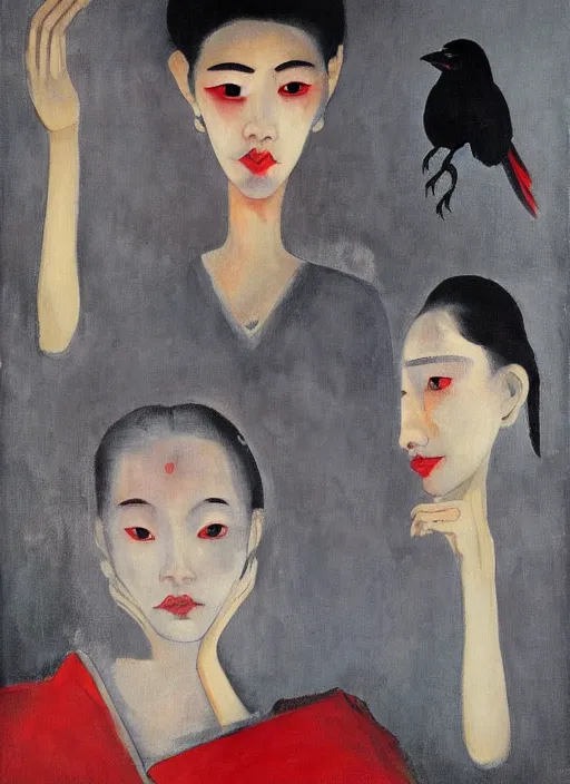 Prompt: a painting of gorgeous asian girls, frozen cold stare, blood red background, transparent gray dress, crows with red eyes looking inwards as a symbol of death, in style of Edward Hopper, John Singer Sargant, Chaim Soutine, surrealism of Francis Bacon, American Gothic, 8k, ultradetailed