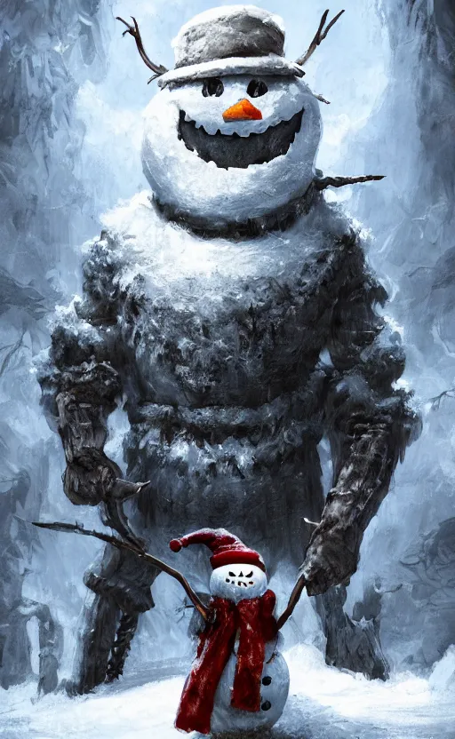 Prompt: a a full body portrait of monster jack frost the snowman, in the middle of a village in the snow, dynamic lighting, photorealistic dark fantasy concept art, trending on art station, stunning visuals, creative, cinematic, ultra detailed, scary art, monster