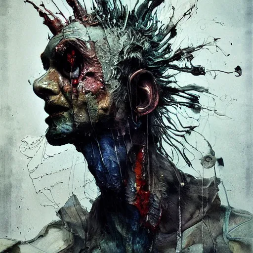 Image similar to mutant fishman sailor with gills and scales from the ocean by emil melmoth zdzislaw beksinki craig mullins yoji shinkawa realistic render ominous detailed photo atmospheric by jeremy mann francis bacon and agnes cecile ink drips paint smears digital glitches glitchart