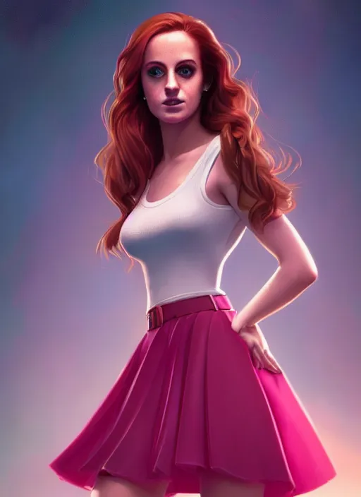 Image similar to full body portrait of teenage cheryl blossom, bangs, green eyes, sultry expression, red hair, sultry smirk, bangs and wavy hair, pink skirt, intricate, elegant, glowing lights, highly detailed, digital painting, artstation, concept art, smooth, sharp focus, illustration, art by wlop, mars ravelo and greg rutkowski