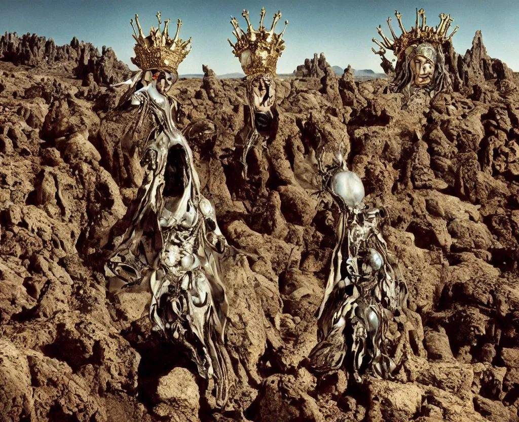 Image similar to salvador dali wearing a crown and costume with jewels in front of a huge crowd in a dry rocky desert landscape, alien construction by giger, film still from the movie by alejandro jodorowsky with cinematogrophy of christopher doyle and art direction by hans giger, anamorphic lens, kodakchrome, very detailed photo, 8 k