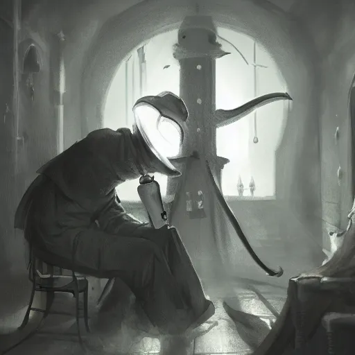 Prompt: a plague doctor experimenting on his patient in a darkly lit dungeon, concept art wlop artstation trending