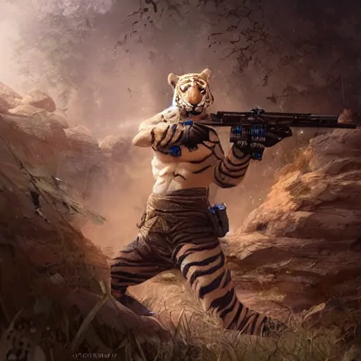 Prompt: a award winning commission of a fit anthro albino soldier tiger shooting,digitalt art,hyperdetailed,photorealistic,art by greg rutkowski,character design by charles bowater,ross tran,deviantart,artstation,high detailed,cinematic,movie scene,detailed face