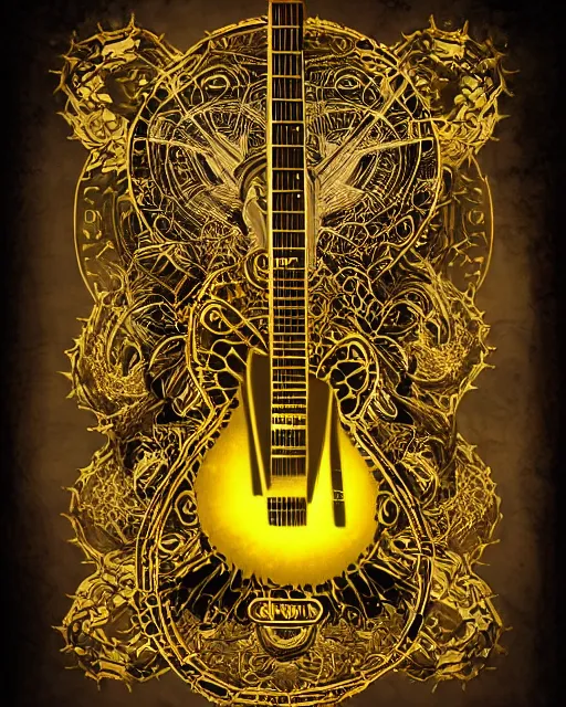 Image similar to demonic fractalpunk guitar concept illustration, rococo, celestial runes floating, symmetrical composition, spiral with golden ratio, gold and black paper, de - noise, ornate border, tarot card, 8 k