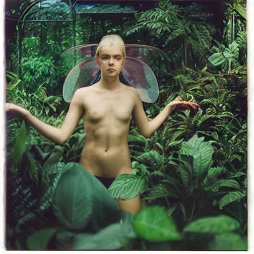 Image similar to grainy head to shoulder portrait Polaroid film photograph of a small magical fairy in a tropical greenhouse. looking at the camera!!. super resolution. surreal. Extremely detailed. Polaroid 600 film. by Annie Leibovitz and Richard Avedon