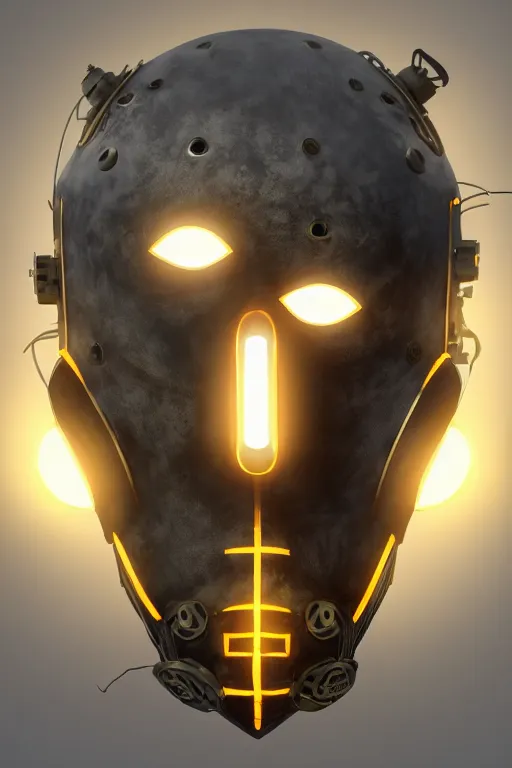 Image similar to steampunk mask minimalist fantasy art robot ninja helmet, global illumination ray tracing hdr fanart arstation by sung choi and eric pfeiffer and gabriel garza and casper konefal radiating a glowing aura