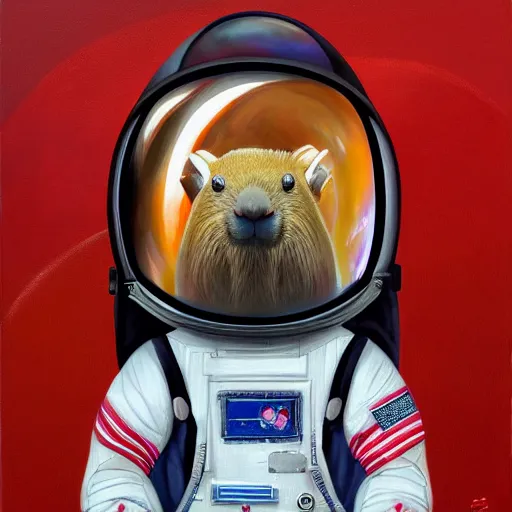 Prompt: beautiful detailed and adorable portrait of a capybara astronaut in a spacesuit, super cute, new contemporary, pop surrealism, oil painting, by alexander trufanov