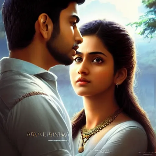 Prompt: perfectly centered movie promotional poster photograph of a young indian guy and a beautiful girl side profile faces symmetrical ; real life portrait, ultra realistic, concept art, intricate details, eerie, highly detailed, photorealistic, octane render, 8 k, unreal engine ; romantic theme, two lovers sharing one heart ; art by artgerm, greg rutkowski, charlie bowater